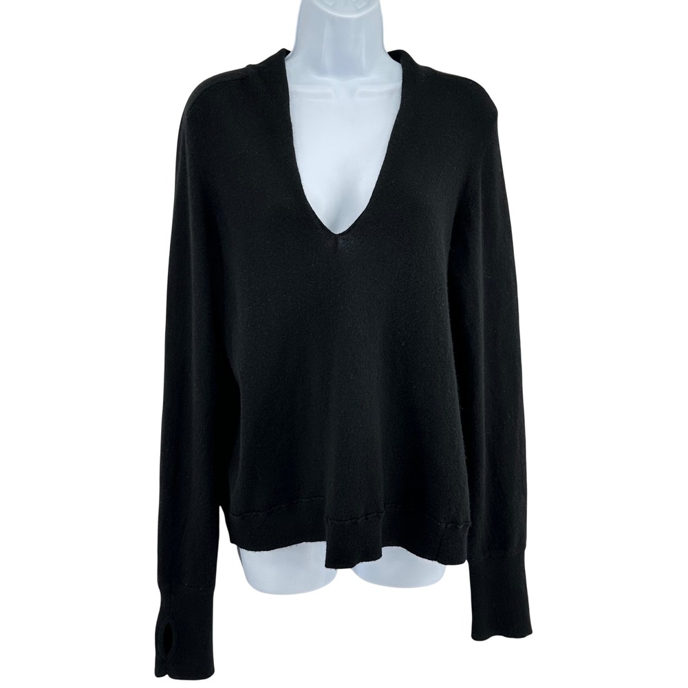 Inhabit Cashmere Sweater Y2K Deep V-Neck Thumbhole Cuff Step Hem Women Black